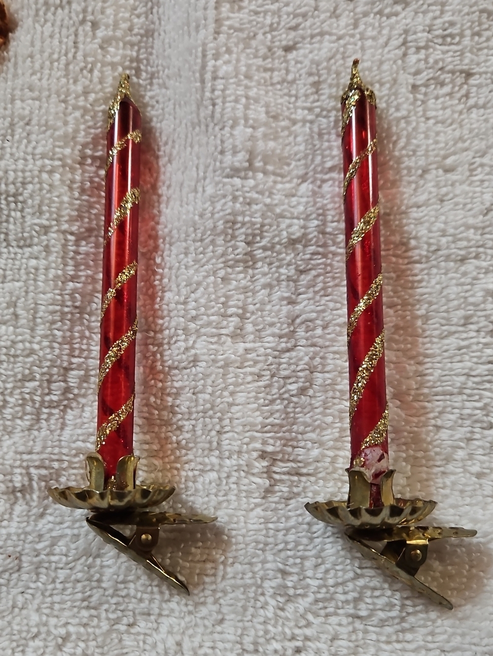Vintage Blown Glass Clip On Candle Christmas Tree Ornaments - Set of 2 Red/Gold